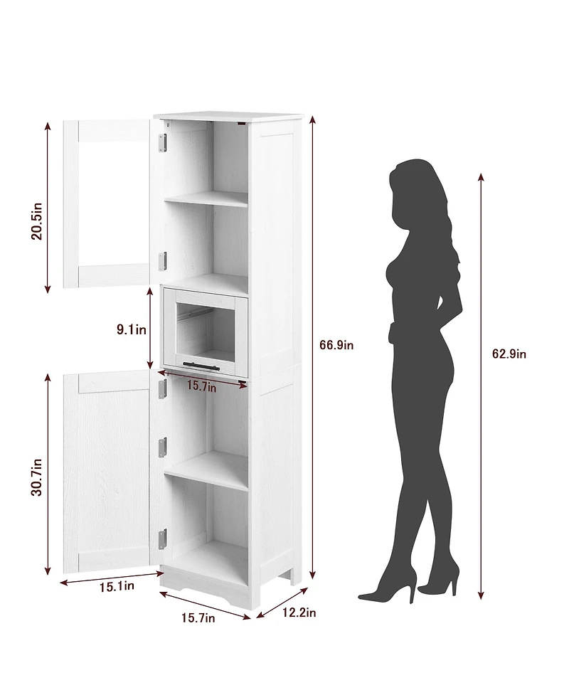 gaomon 67" Narrow Storage Cabinet Slim Freestanding Cabinet with Glass Doors and Adjustable Shelves for Bathroom, Living Room and Kitchen