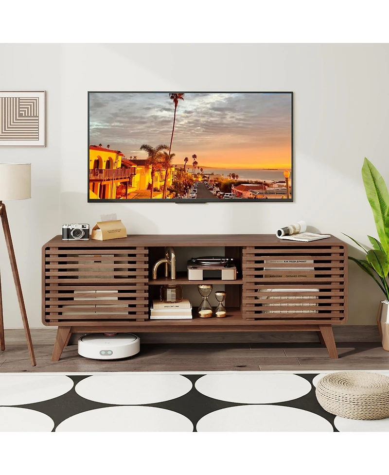 Slickblue Modern Tv Stand with Sliding Doors and Adjustable Shelves
