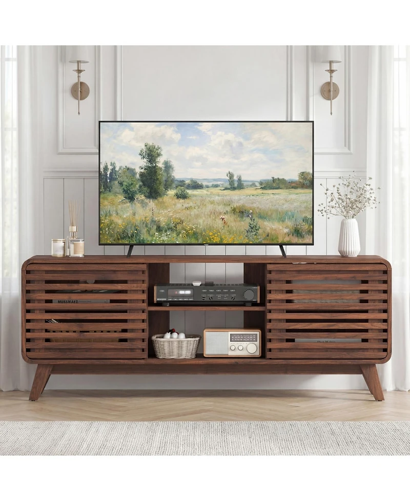 Slickblue Mid-Century Tv Stand with Sliding Grille Doors for Living Room