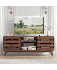 Slickblue Mid-Century Tv Stand with Sliding Grille Doors for Living Room