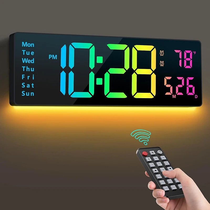 Neewer Digital Wall Clock 16", Wall Clock with 11 Rgb Colors, Alarm Clock with Night Lights, Large Digital Clock for Living Room Bedroom Office