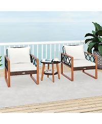 Costway 3 Pieces Patio Pe Wicker Furniture Set with Solid Acacia Wood Frame and Cushions