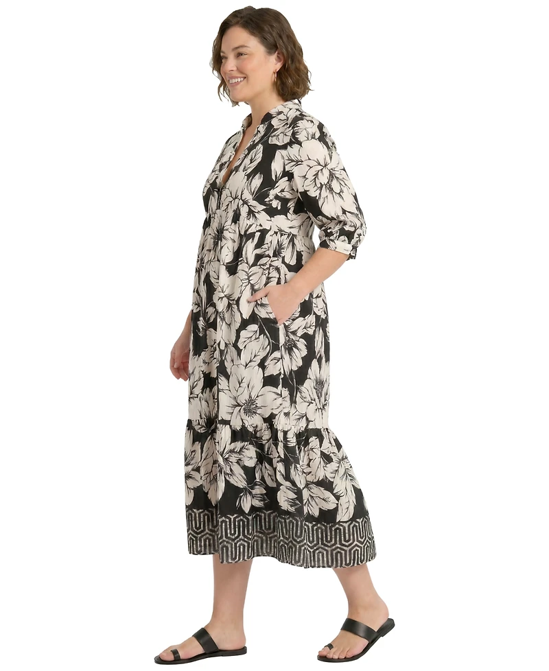 London Times Plus Collared Placement Print Dress