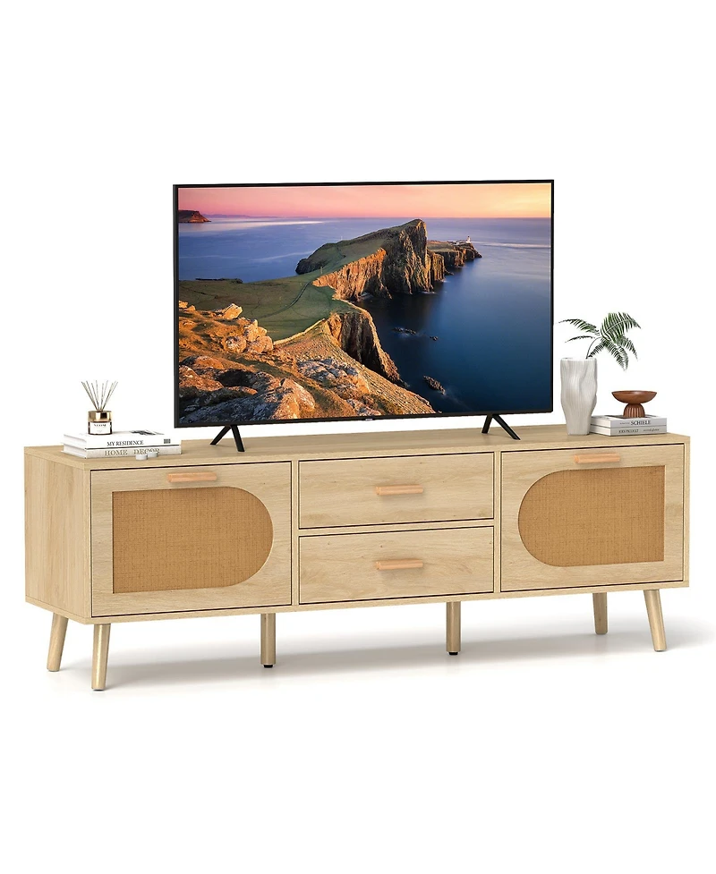 Slickblue Modern Rattan Tv Console for 65 Inch TVs with Storage Drawers