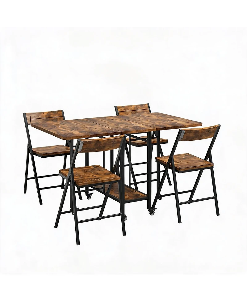 homfan Folding Dining Table Set with 4 Chairs - Drop Leaf Kitchen Table, Storage and Lockable Wheels, Space-Saving for Kitchen or Dining Room