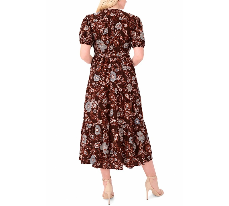 Msk Plus Puff-Sleeve Belted Midi Dress