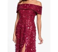 Xscape Women's Off-The-Shoulder 3D Embroidered Mesh Ball Gown