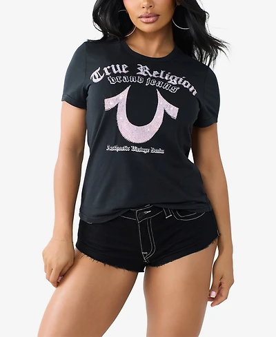 True Religion Women's Crystal Horseshow Crew Neck T-Shirt