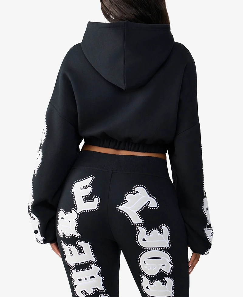 True Religion Women's Crystal Patched Relaxed Zip Hoodie Sweatshirt