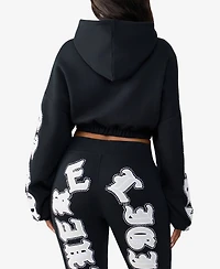 True Religion Women's Crystal Patched Relaxed Zip Hoodie Sweatshirt