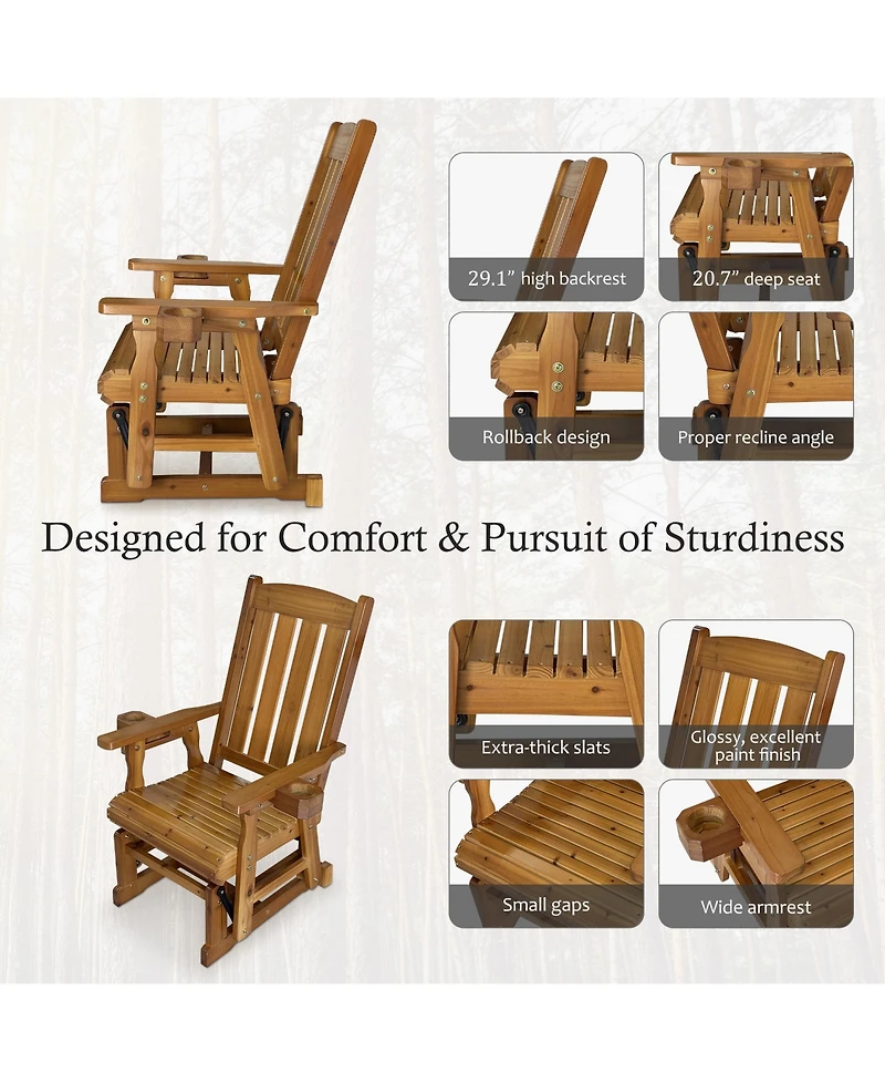 Mega Casa Solid Fir Wood Patio Glider for One Person, with High Back and Deep Contoured Seat
