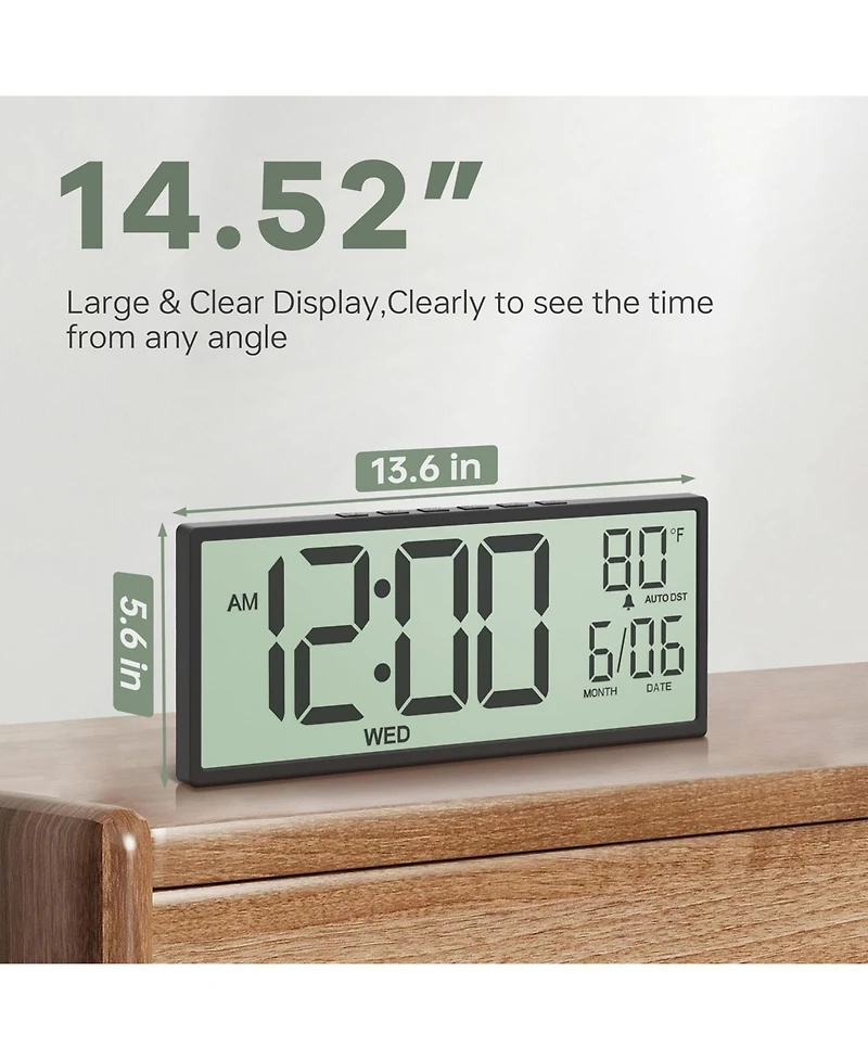 Jall 14.5 Inch Large Lcd Digital Wall Clock Wireless Long Battery Life Auto Dst 4 1 Display (Time Date Day Temperature) Perfect for Seniors