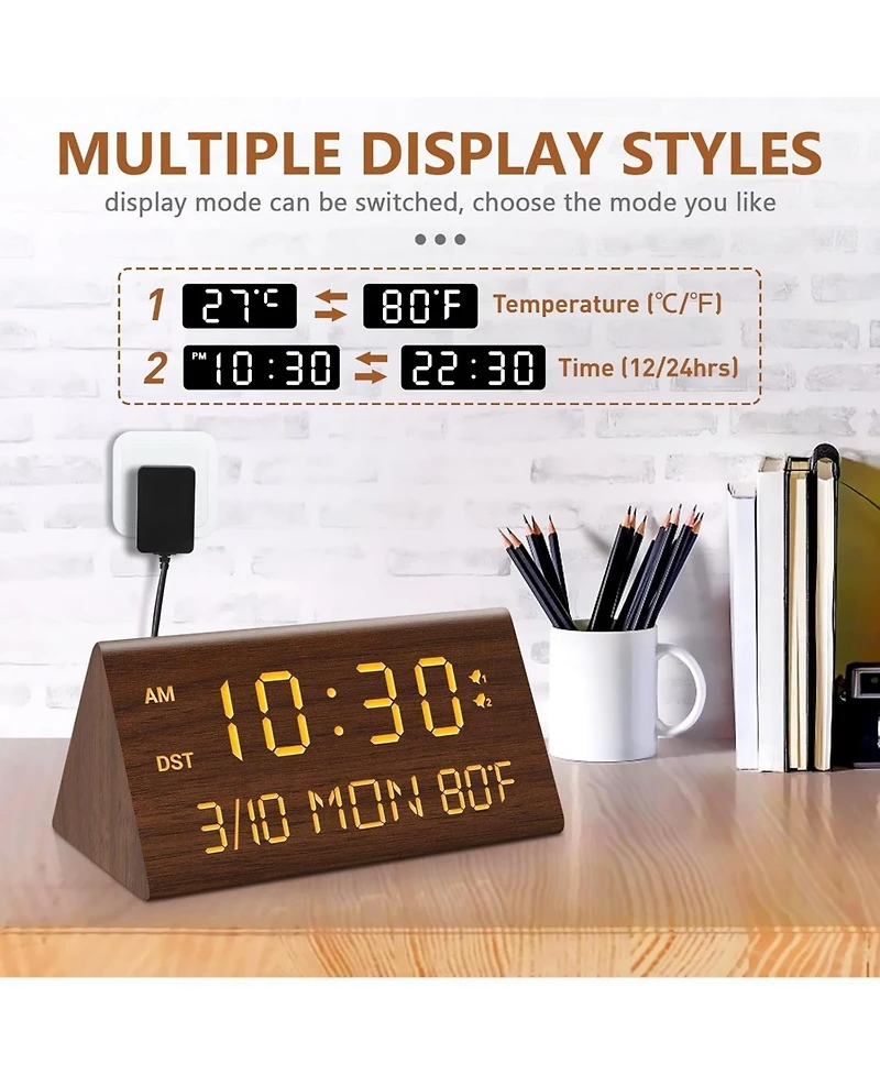 Neewer Wooden Digital Alarm Clock, 0-100% Dimmer, 2 Alarm Settings, Weekday/Everyday Mode, 9 Mins Snooze, 12/24H, Temperature