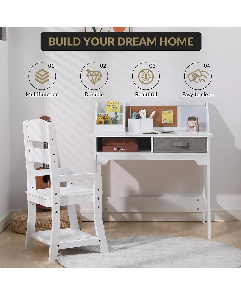 homfan Kids Study Desk and Chair Set, 29 Inch Wooden Student Table with Adjustable Chair and Storage Drawers for Bedroom or Homeschool