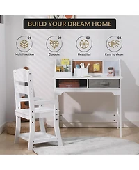 homfan Kids Study Desk and Chair Set, 29 Inch Wooden Student Table with Adjustable Chair and Storage Drawers for Bedroom or Homeschool