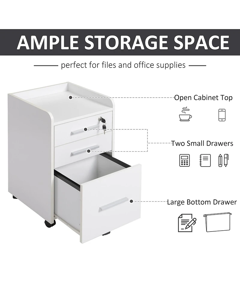 Homcom 3 Drawer Mobile File Cabinet, Lockable Filing Cabinet