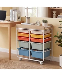 Slickblue Rolling Office Storage Cart with 10 Drawers, Wood Top and Locking Wheels