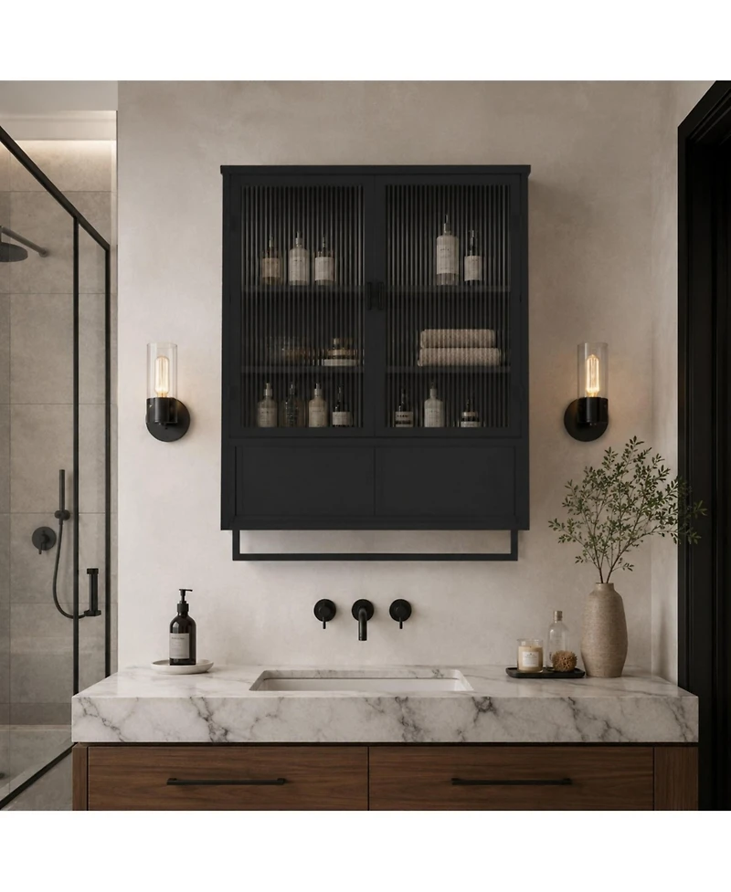 Phying 23.62 Inch Modern Wall Mounted Cabinet with Two-Tier Enclosed Storage and Towel Rack Multipurpose Organizer