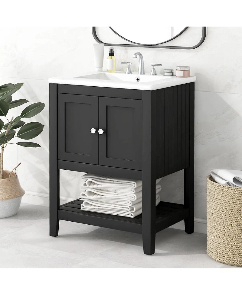 Sillysis 24 Inch Modern Freestanding Bathroom Vanity with Semilune Ceramic Sink, Solid Wood Frame and Open Shelf Storage