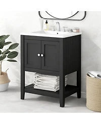 Sillysis 24 Inch Modern Freestanding Bathroom Vanity with Semilune Ceramic Sink, Solid Wood Frame and Open Shelf Storage