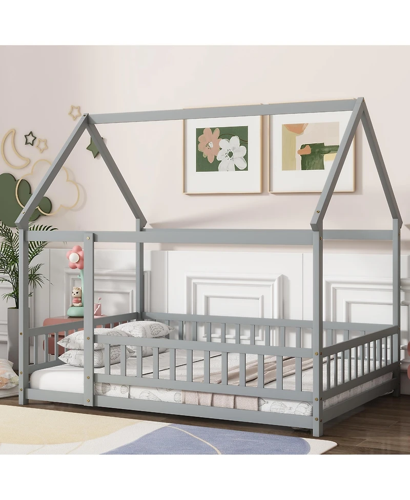Sailvan House Floor Wooden Bed with Roof Frame, Safety Guardrails