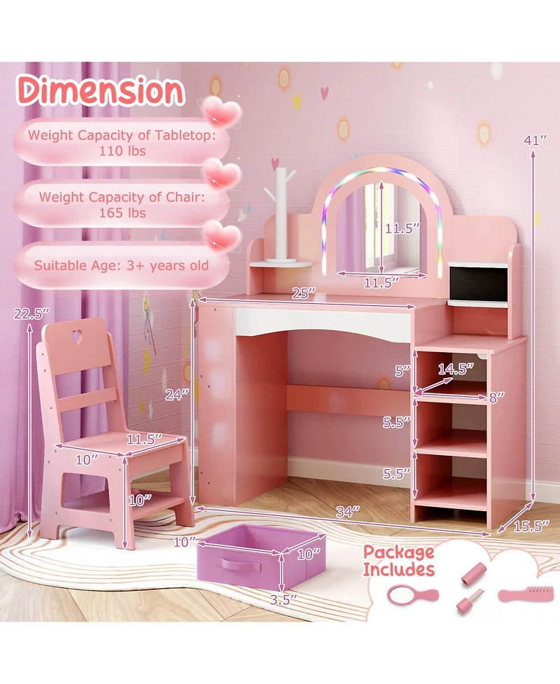 Slickblue Kids Makeup Vanity Table and Chair Set with Color Changing Led Lights