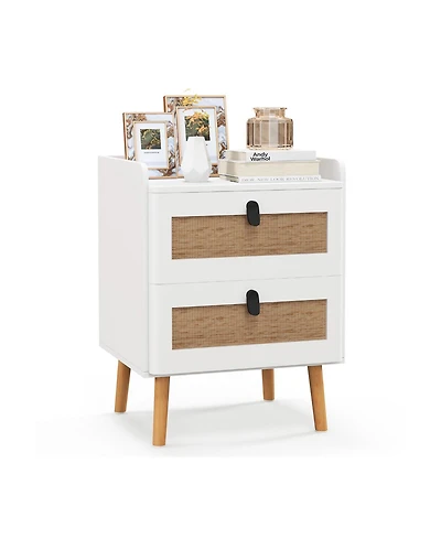 Slickblue Modern Nightstand with 2 Rattan Decorated Drawers for Bedroom Storage