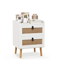 Slickblue Modern Nightstand with 2 Rattan Decorated Drawers for Bedroom Storage