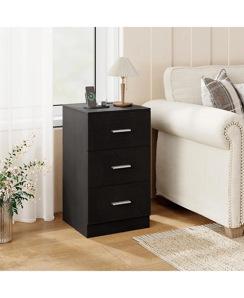 Slickblue Nightstand with Charging Station and 3 Storage Drawers Bedside Table