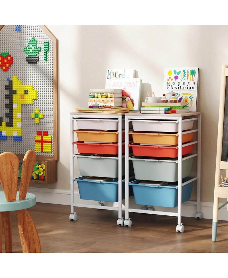 Slickblue 5-Drawer Mobile Organizer Cart with Wood Top and Locking Casters