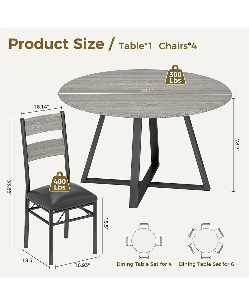 homfan 5-Piece Round Dining Set for 4 Sturdy Wooden Table and 4 Upholstered Chairs, Space-Saving Design for Apartments and Small Dining Rooms