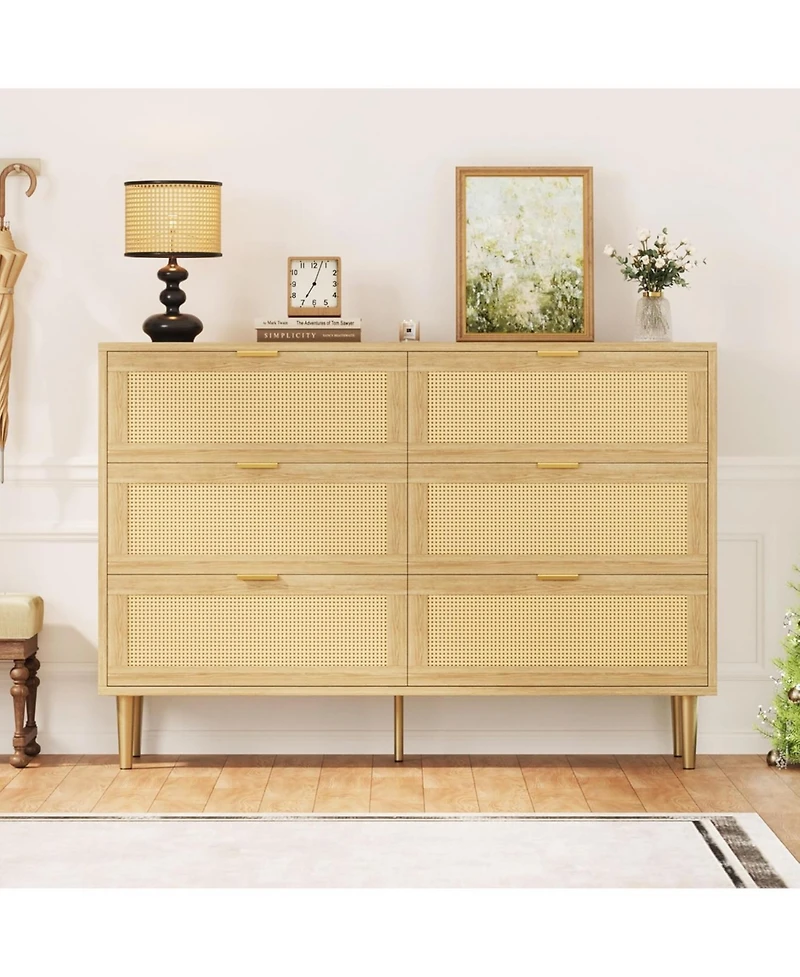 gaomon Rattan 6 Drawer Wide Double Dresser, Gold Handles & Legs Bedroom Storage Organizer