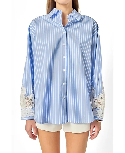 English Factory Women's Oversized Lace Trim Stripe Shirt