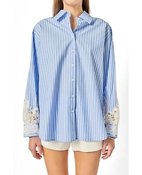 English Factory Women's Oversized Lace Trim Stripe Shirt