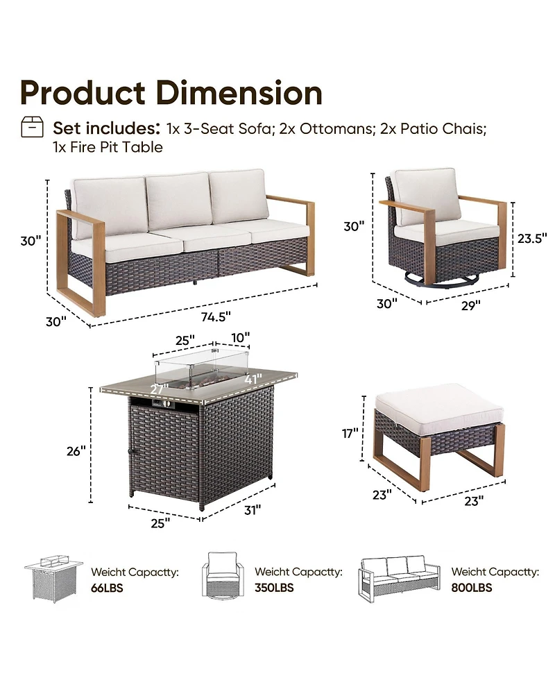 Pocassy 6 Pieces Patio Furniture Set, Outdoor Wicker Sofa Couch with Fire Pit Table, Ottomans and Cushions, All Weather Rattan Conversation Set
