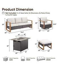 Pocassy 6 Pieces Patio Furniture Set, Outdoor Wicker Sofa Couch with Fire Pit Table, Ottomans and Cushions, All Weather Rattan Conversation Set