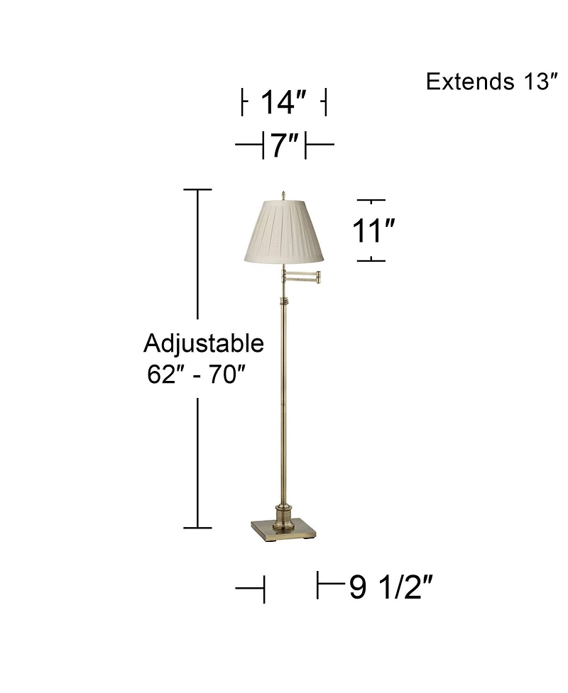 360 Lighting Swing Arm Floor Lamp 70" Tall Antique Brass Box Pleated Cream Linen Drum Shade for Living Room Reading Bedroom