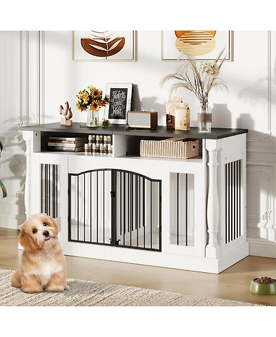 homfan Roman Column 63 Inch Large Dog Crate Furniture for 2 Dogs with Open Storage, Heavy Duty Kennel Entertainment Table Tv Stand.