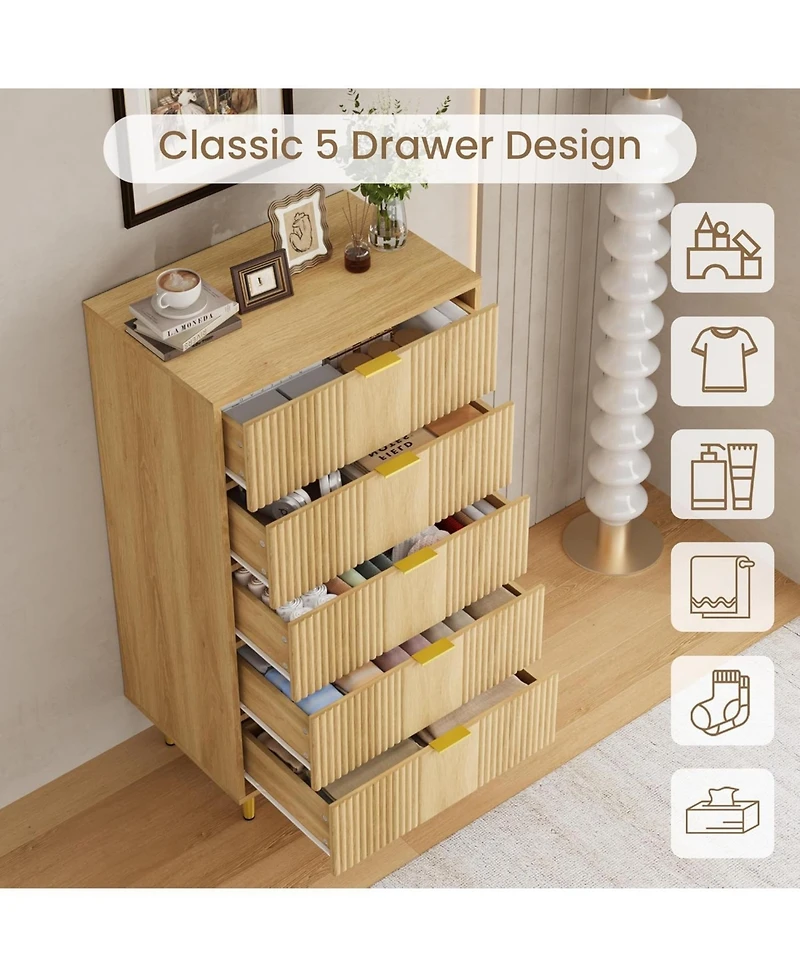gaomon 5 Drawer Wooden Fluted Tall Dresser with Metal Handles