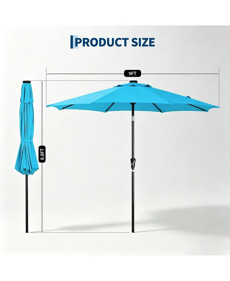 homfan 9Feet Patio Umbrella with 32 Solar Led Lights, Outdoor Table Tilt and Crank, 8 Iron Ribs for Garden Deck