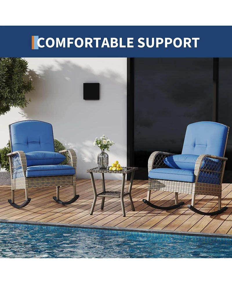 homfan Outdoor Wicker Rocking Chair Set, Rattan Garden Bistro Set with 2 Rockers and 1 Table for Patio or Backyard