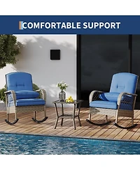 homfan Outdoor Wicker Rocking Chair Set, Rattan Garden Bistro Set with 2 Rockers and 1 Table for Patio or Backyard