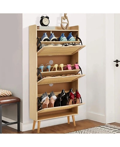 gaomon Narrow 3-Tier Shoe Cabinet with 3 Woven Rattan Flip Drawers