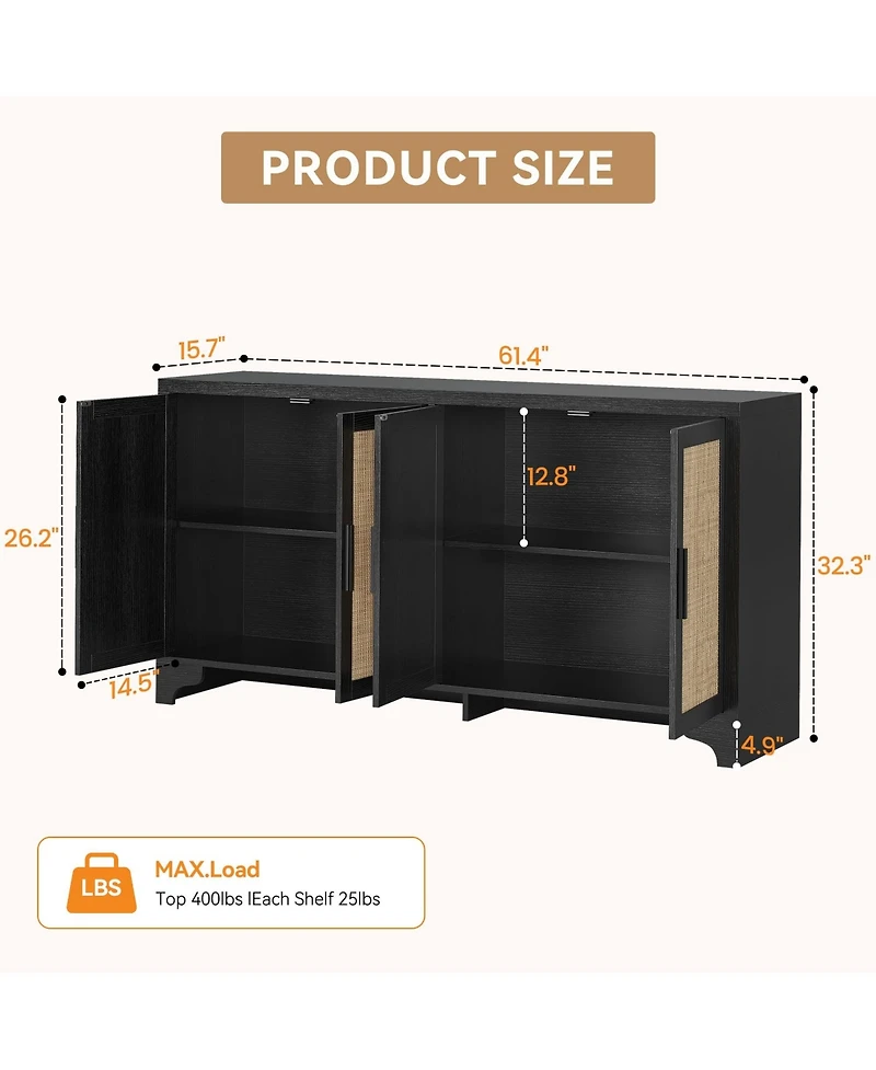 gaomon 62 Inches Rattan Sideboard Buffet Cabinet, 4-Door Kitchen Storage Cabinet with Shelves