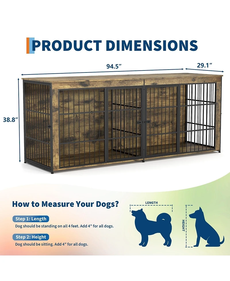 homfan Heavy Duty Wooden Dog House Furniture, Double 3-in-1 Kennel, Multifunctional End Table Tv Stand, Adjustable Feet