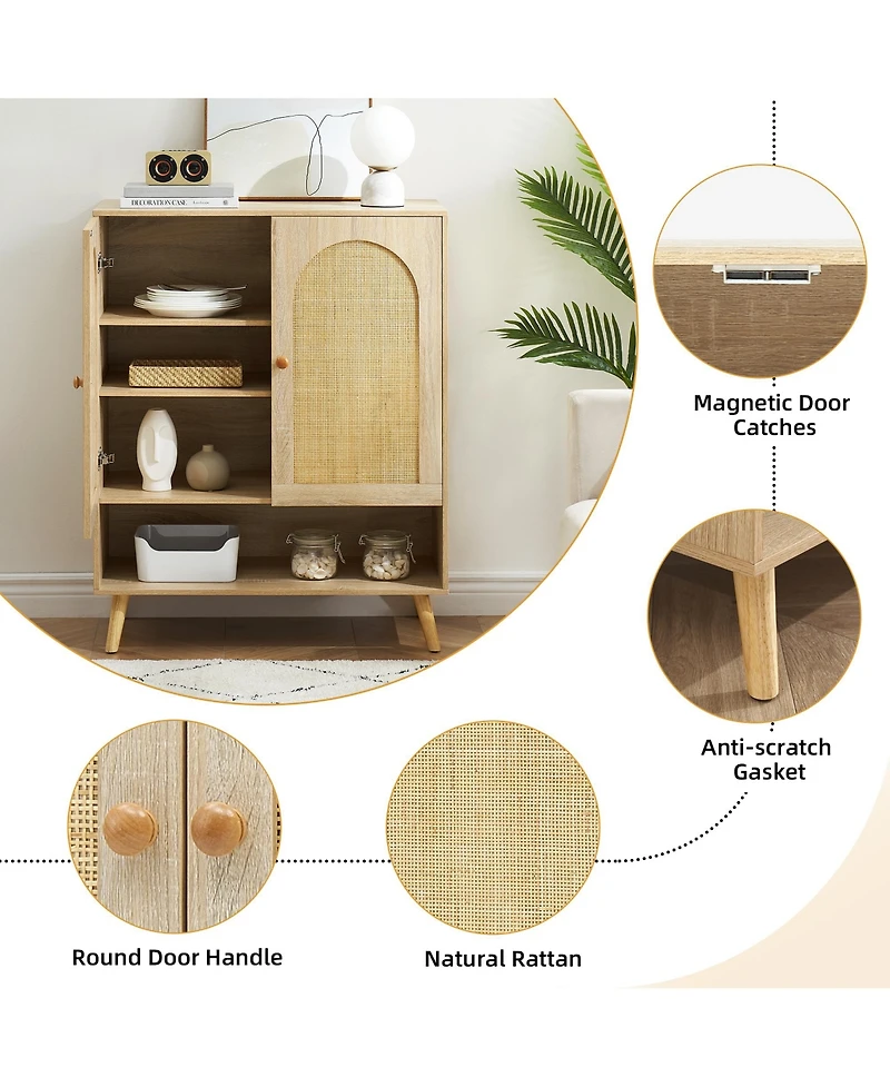 homfan Rattan Shoe Cabinet with Adjustable Shelves, Concealed Entryway Storage, Spacious Top Surface, Sturdy Wood Legs with Floor-Protecting
