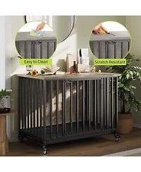 homfan Dog Crate Furniture with Removable Tray, Heavy-Duty Dog Cage with Lockable Wheels and Door, Wooden Kennel End Table for Small to Medium Breeds