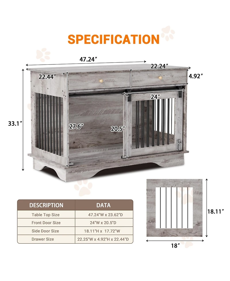 homfan Dog Crate Furniture, Dog Kennel with Storage Drawers and Sliding Barn Door, with Detachable Divider, Dog Cage End Table for 2 Medium Dogs