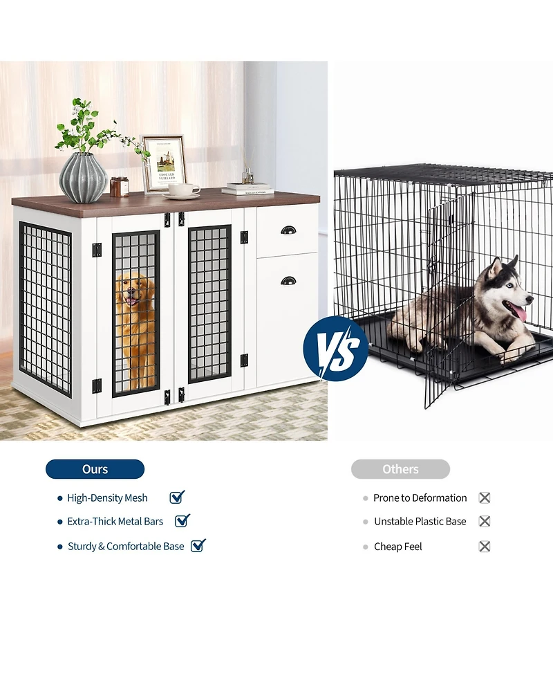 homfanDog Crate Furniture, 111 Inch Wooden Indoor Kennel End Table with Drawers and Side Cabinet for Medium Dogs
