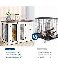 homfanDog Crate Furniture, 111 Inch Wooden Indoor Kennel End Table with Drawers and Side Cabinet for Medium Dogs